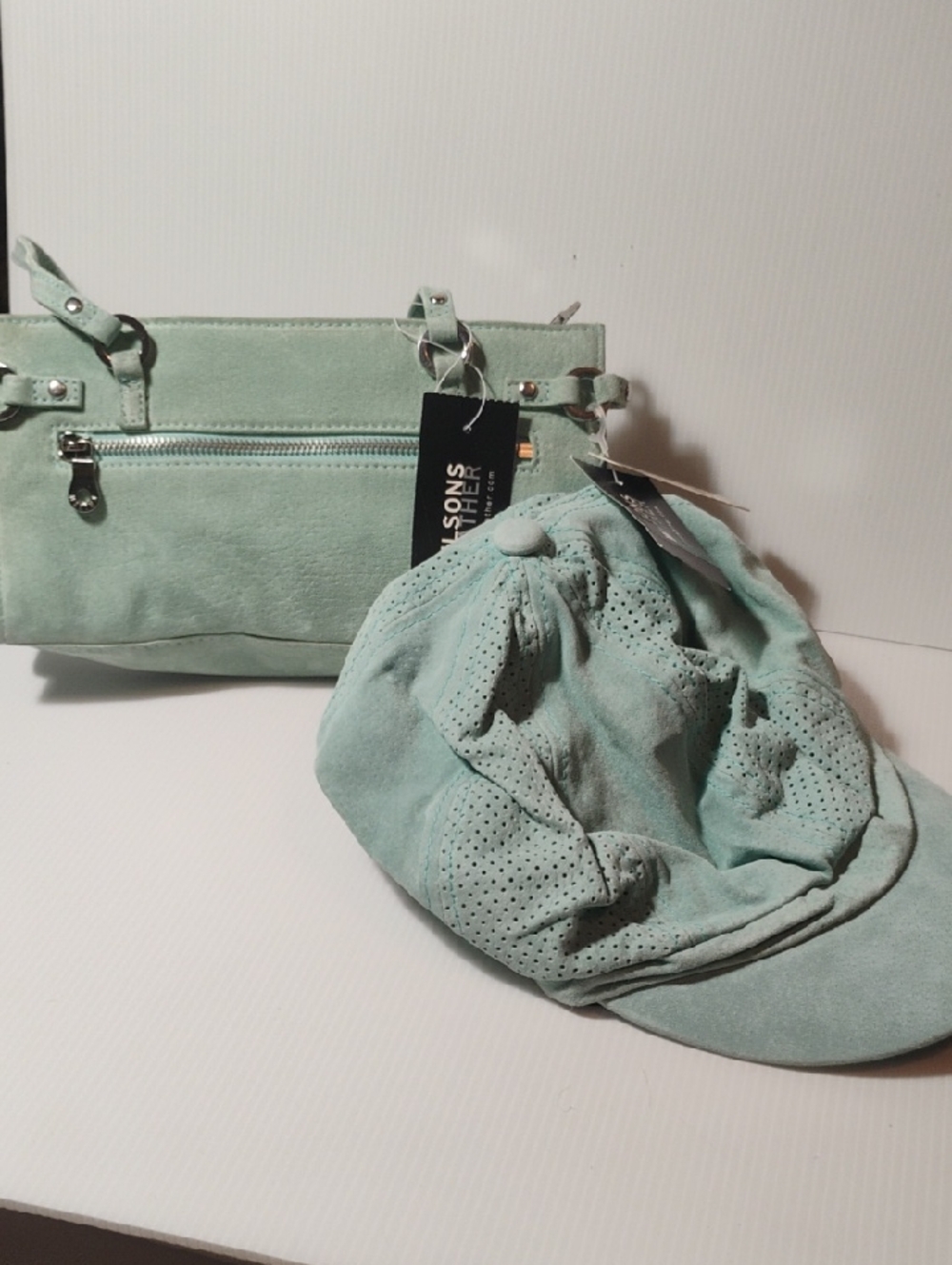 Wilsons Leather Mint Green Suede Shoulder Bag & Matching Hat New With Tags!